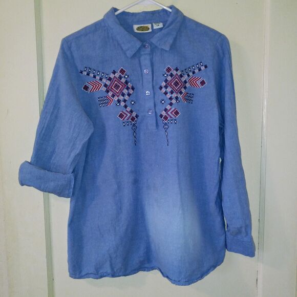 Collections Etc Large Aztec Embroidered Chambray Popover Blouse-Roll Tab Sleeve - Picture 2 of 9